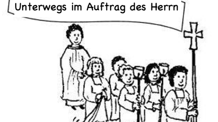 Kinderprozession mit Banner und Kreuz