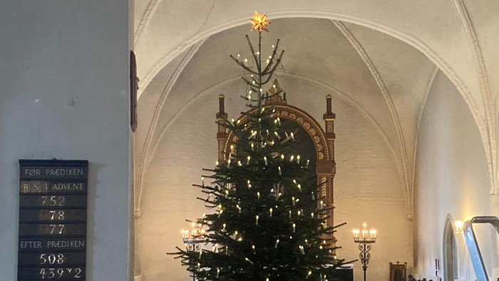 En stor juletree med lys og stjerne i et højt loftet rum med alter og skilt med prisoversigt