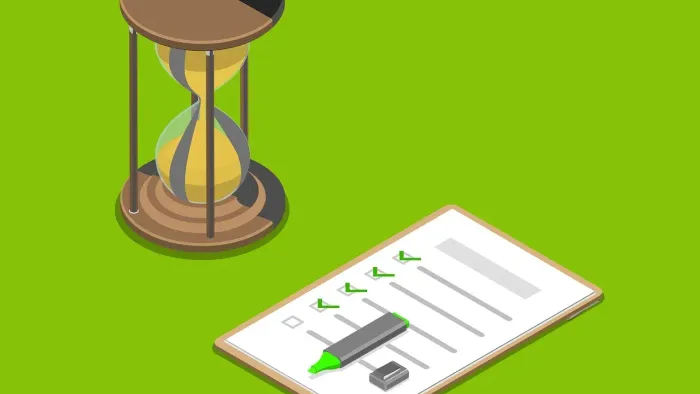Isometrisk timeglas og tjekliste med grøn markør på en clipboard på grøn baggrund.