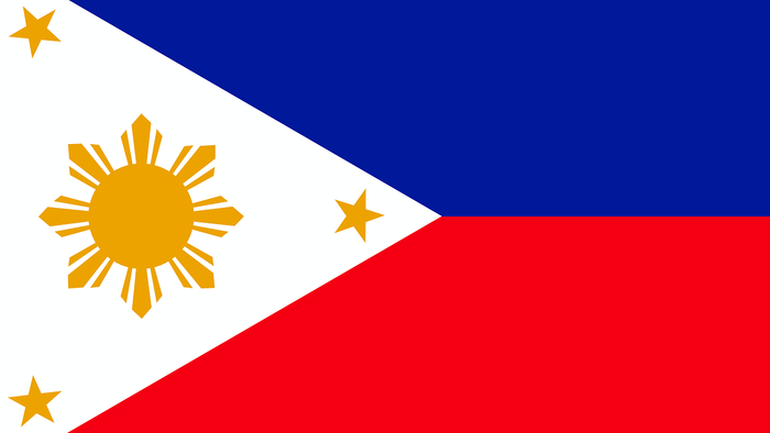 Die Flagge der Philippinen mit drei Sternen und einem Sonnenblumenemblem.