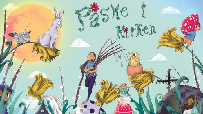 Farverig påskeillustration med fantasifulde figurer, æg og en glad have-scene.