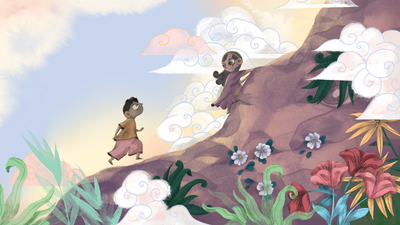 To børn går på skyerne midt i et frodigt, farverigt landskab med blomster og grønne omgivelser.