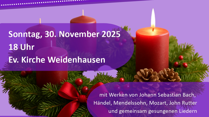 Das Plakat zeigt einen Adventskranz mit einer brennenden Kerze. Es lädt ein zu einem Konzert.