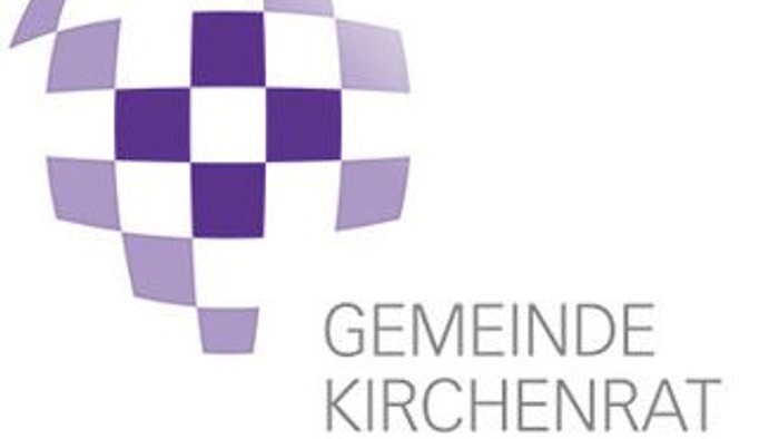 Das Bild zeigt ein Logo mit einem stilisierten lila-weißen Karomuster und der Aufschrift *„GEMEINDE KIRCHENRAT“*.