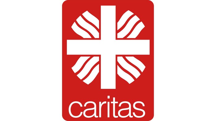 Das Logo von Caritas mit einem roten Hintergrund und weißem Kreuz.
