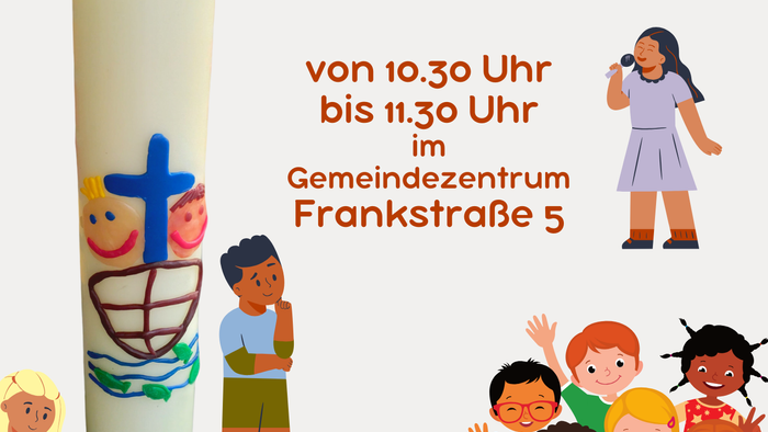 Das Bild zeigt eine Einladung zum Kinder-Gottesdienst mit verschiedenen Kindern und einem Kerzenmotiv.