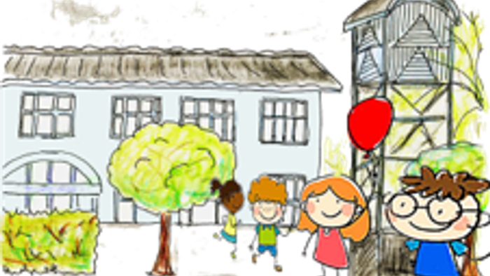 Kinder spielen vor einem Haus mit einem Windrad und Bäumen.