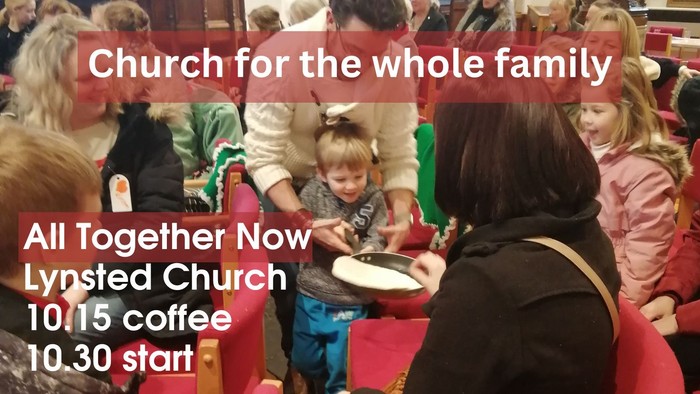 Church service with families and children, coffee and start times displayed.