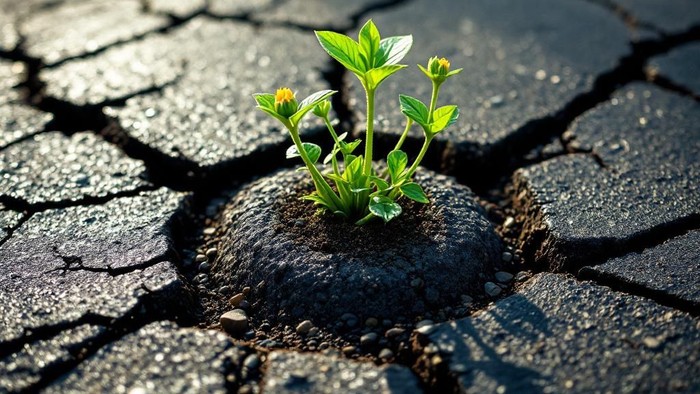 Eine kleine grüne Pflanze sprießt widerstandsfähig zwischen rissigen Gehwegplatten.