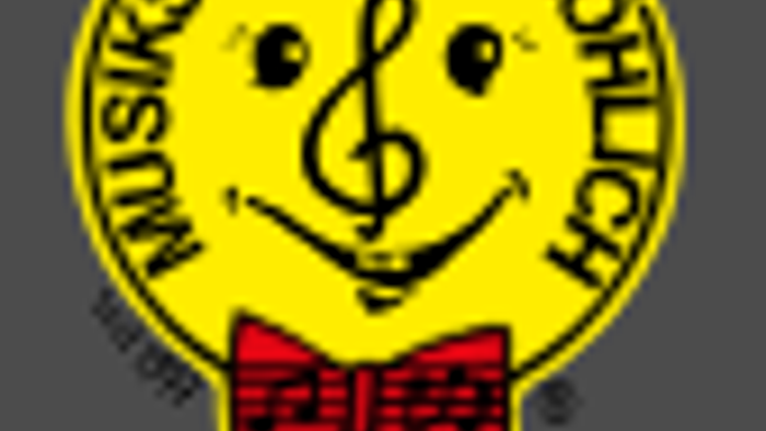 Das Bild zeigt ein Emblem mit einem gelben Gesicht und Text in Rot und Weiß.