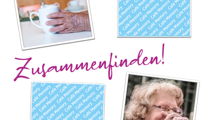 Das Bild zeigt vier Fotos einer älteren Frau, die Tee trinkt und lacht, mit dem Text 