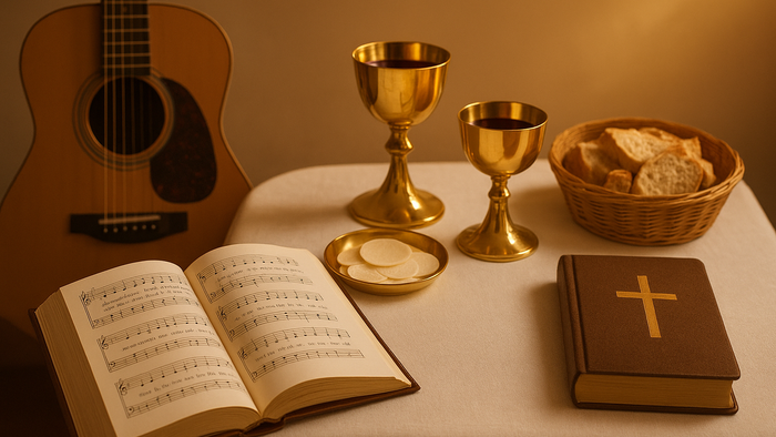 Gitarre, Kelche, Brot, Gesangbuch und Bibel auf dem Tisch.