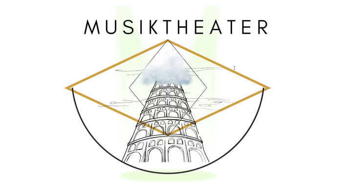 Musiktheater ein Turm der in in den Wolken verschwindet, eine Raute ein Halbkreis , grünleuchtende Scheinwerfer