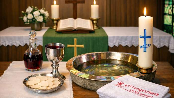 Religiöser Altaraufbau mit Wein, Brot, Kerzen und Taufgegenständen auf einer Tischdecke.
