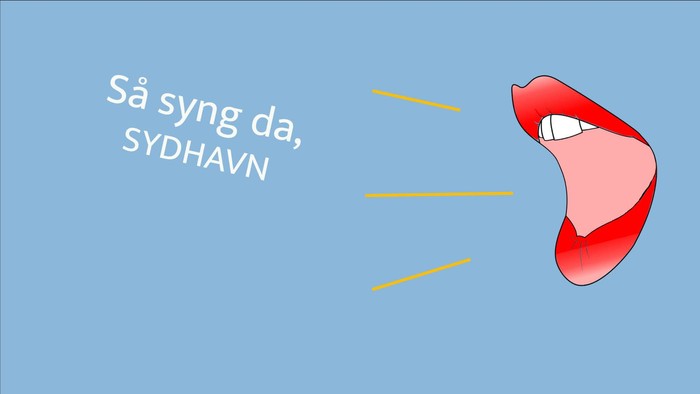 En rød mund med tungen udstraket mod højre side på blå baggrund med teksten 