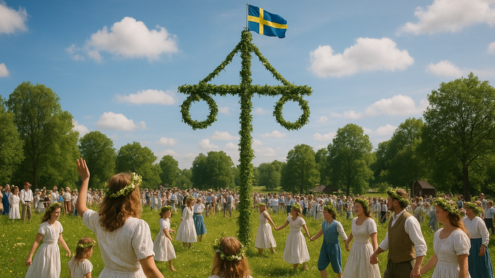 Menschen in weißer Kleidung versammeln sich um einen Maibaum mit einer schwedischen Flagge und tanzen auf einer Wiese.