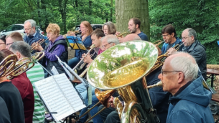 Eine Gruppe von Musikern spielt im Freien, umgeben von Bäumen.