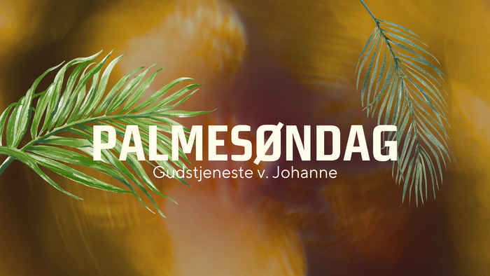 Palmesøndagsgudstjeneste med palmegrene og tekst på dansk: 