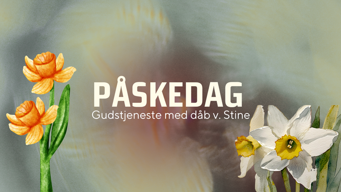 Påskegudstjeneste-annoncering med påskeliljer og teksten *