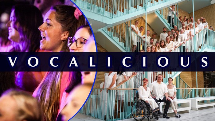 Et kollage med et sanggruppe, en kvinde i kørestol sammen med andre, og et kor der optræder.