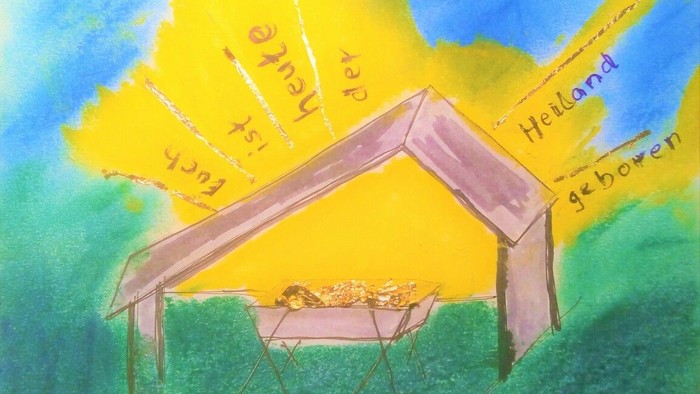 Zeichnung einer Krippe, von der goldene Strahlen ausgehen mit den Worten