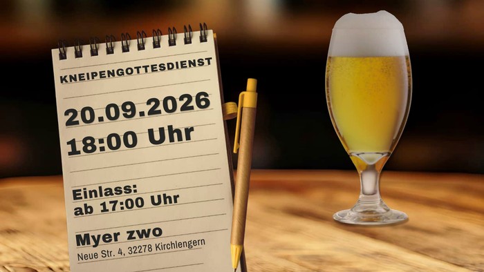 Plakat zum Anstiften Kneipengottesdienst 20.09.2026 bei Myer Zwo Motto über Notizzettel mit Datum, Uhrzeit und Bierglas