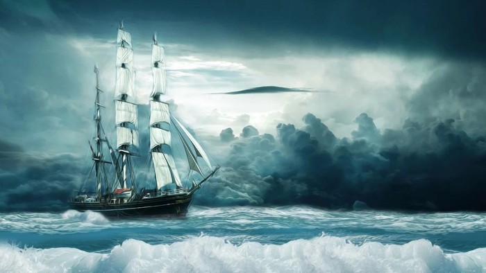 Ein Segelschiff kämpft gegen stürmische See und dunkle Wolken