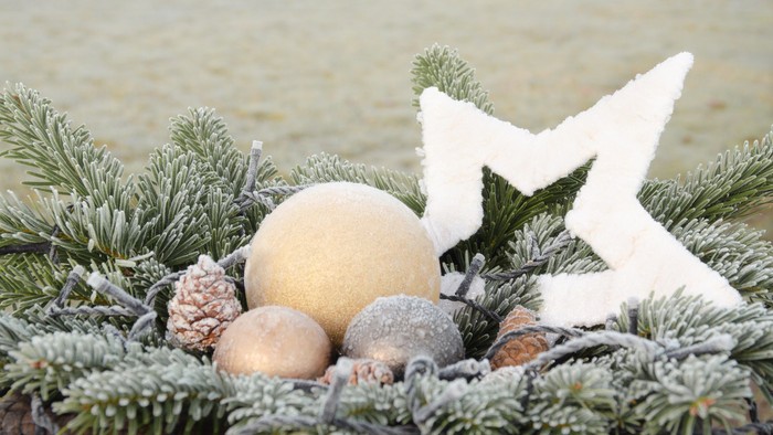 Ein Weihnachtsgesteck mit Stern und Tannengrün