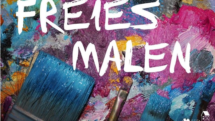 Bunte Malutensilien mit dem Text „FREIES MALEN“, was eine freie Mal- oder Kreativsession suggeriert.
