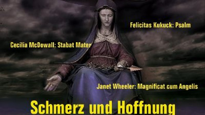 Konzertplakat des Ölbergchors, die Figur der Maria vor einem dunklen, bewölkten Himmel.