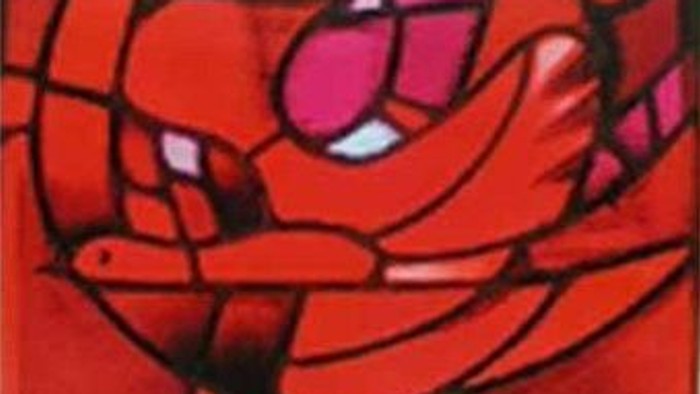 Ein lebendiges abstraktes Bild mit roten und schwarzen, wirbelnden Mustern.