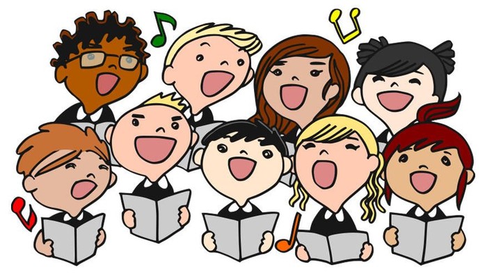 Ein bunter Chor singt fröhlich aus Notenbüchern