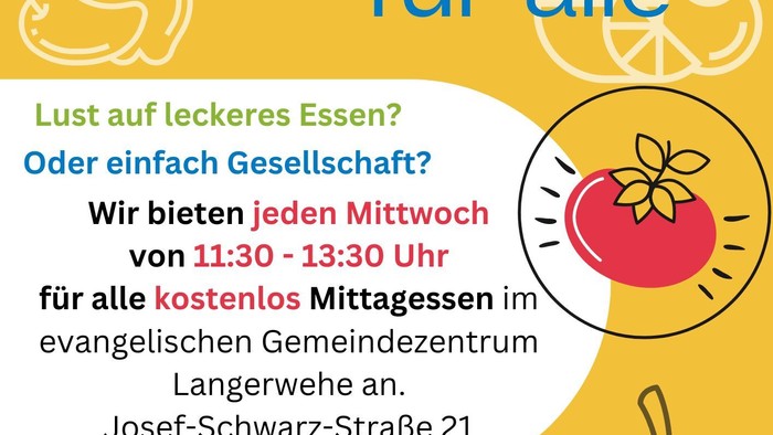 Flyer für kostenlose Mittagessen in einer Kirche, mit Bildern von Gemüse und Text in Deutsch