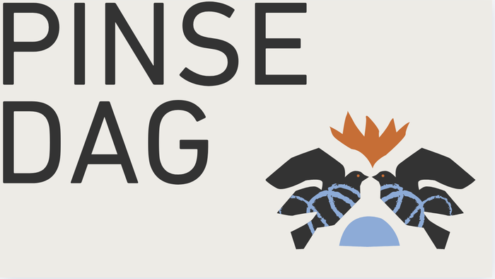 Logo til Pinse Dag med tekst og stiliserede hænder, der holder en flamme.