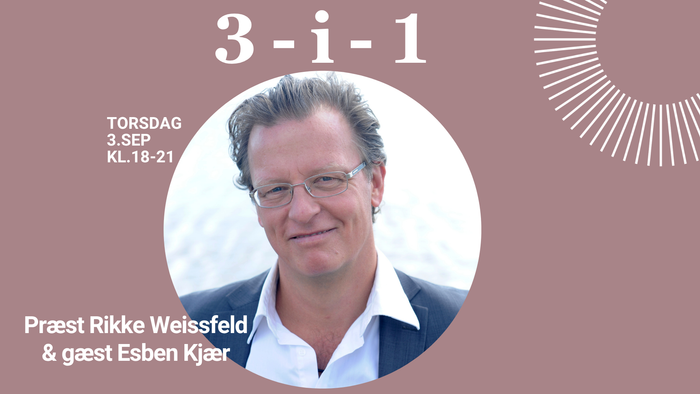Plakat for arrangement med Pastor Rikke Weissfeld og gæst Esben Kjær, der taler den 3. september kl. 18-21.