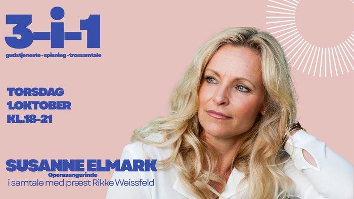 Reklameplakat for Susanne Elmarks foredragsevent den 10. oktober med hende og præst Rikke Weissfeld, der diskuterer tro.