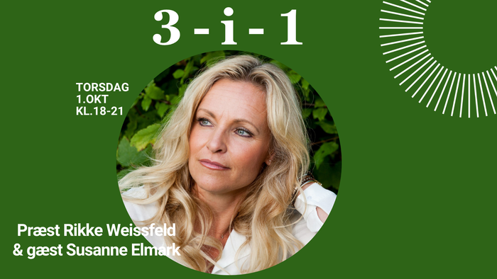 Plakatannoncering for en begivenhed med præst Rikke Weissfeld og gæst Susanne Elmark den 1. oktober kl. 18-21.