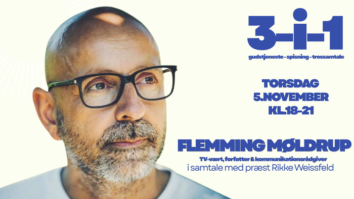 Reklameplakat for et foredragsevent med Flemming Møldrup, der diskuterer tillid, spionage og krydssamtaler den 5. november.