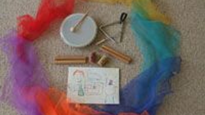 Bunte Wolle, Nadel, Schere und ein Zettel liegen auf dem Boden