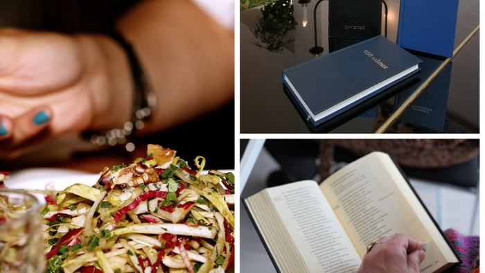 Top venstre: Person med armbånd og smukt håndflade. Top højre: Blå boger på bord. Nedre venstre: Salat med grønne og røde ingredienser. Nedre højre: Person læser bog med farverig strømpe.