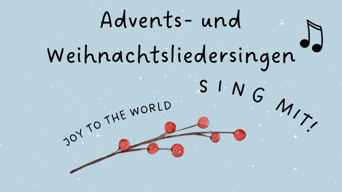 Blauer Hintergrund mit Punkten als Schneeflocken, Sing mit, Joy to the world mit Zweig mit roten Beeren