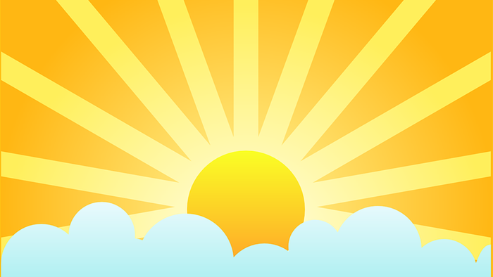 Et solskin med gule stråler og hvide skyer på en orange himmel