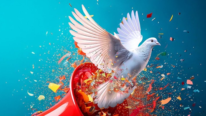 Weißer Vogel fliegt aus rotem Megafon mit Konfetti,