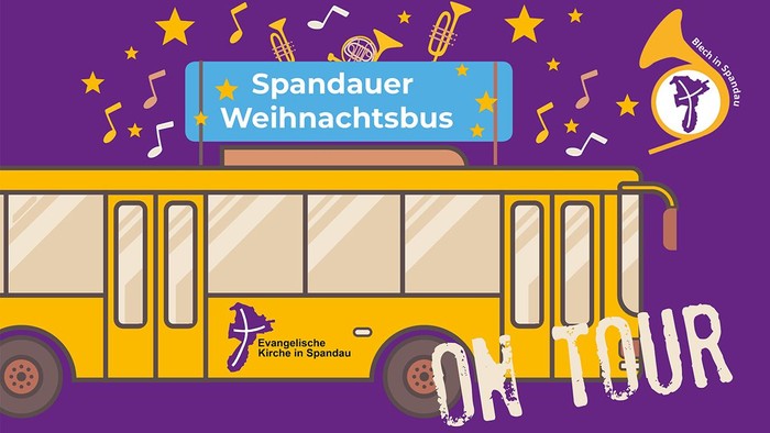 Zeichnung eines Busses, Text: Spandauer Weihnachtsbus on Tour