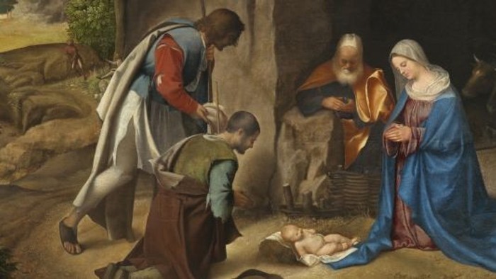 Billedet forestiller en religiøs scene med Jesusbarnet, Maria og Josef.