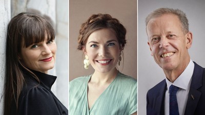 Tre personer i professionel påklædning, smilende, mod neutrale baggrunde.