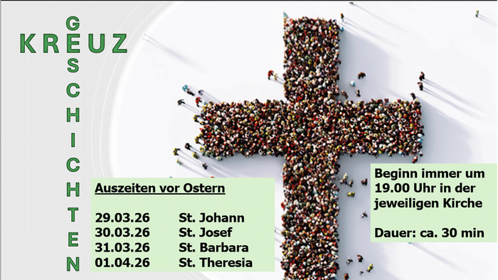 Ostersonntags-Gottesdienste im Freien in Kreuzform mit aufgelisteten Terminen, Uhrzeiten und Kirchenstandorten.