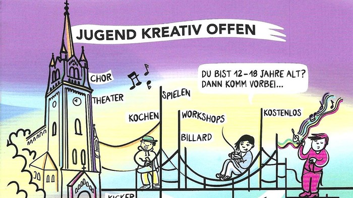 Titelseite eines Flyers. Jugend Kreativ Offen. Gezeichnete Vorderfront der Magdalenenkirche und 3 Jugendliche innerhalb von verschieden gestalteten Textfeldern.