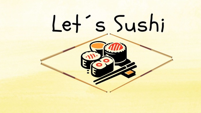 eine Raute aus Sushi Stäbchen und innen drin sind Sushis der Hintergrund ist gelb und die Überschrift ist let´s Sushi 