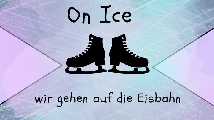 on ice zwei rauten ragen von links und rechts in das Bild in der mitte sind Schlittschuhe und der Hintergrund ist eine zerkratze Eisbahn mit lila Aquarell